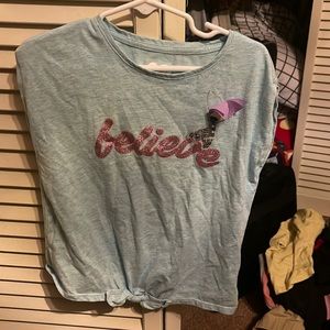 Blue graphic tee with believe in glitter